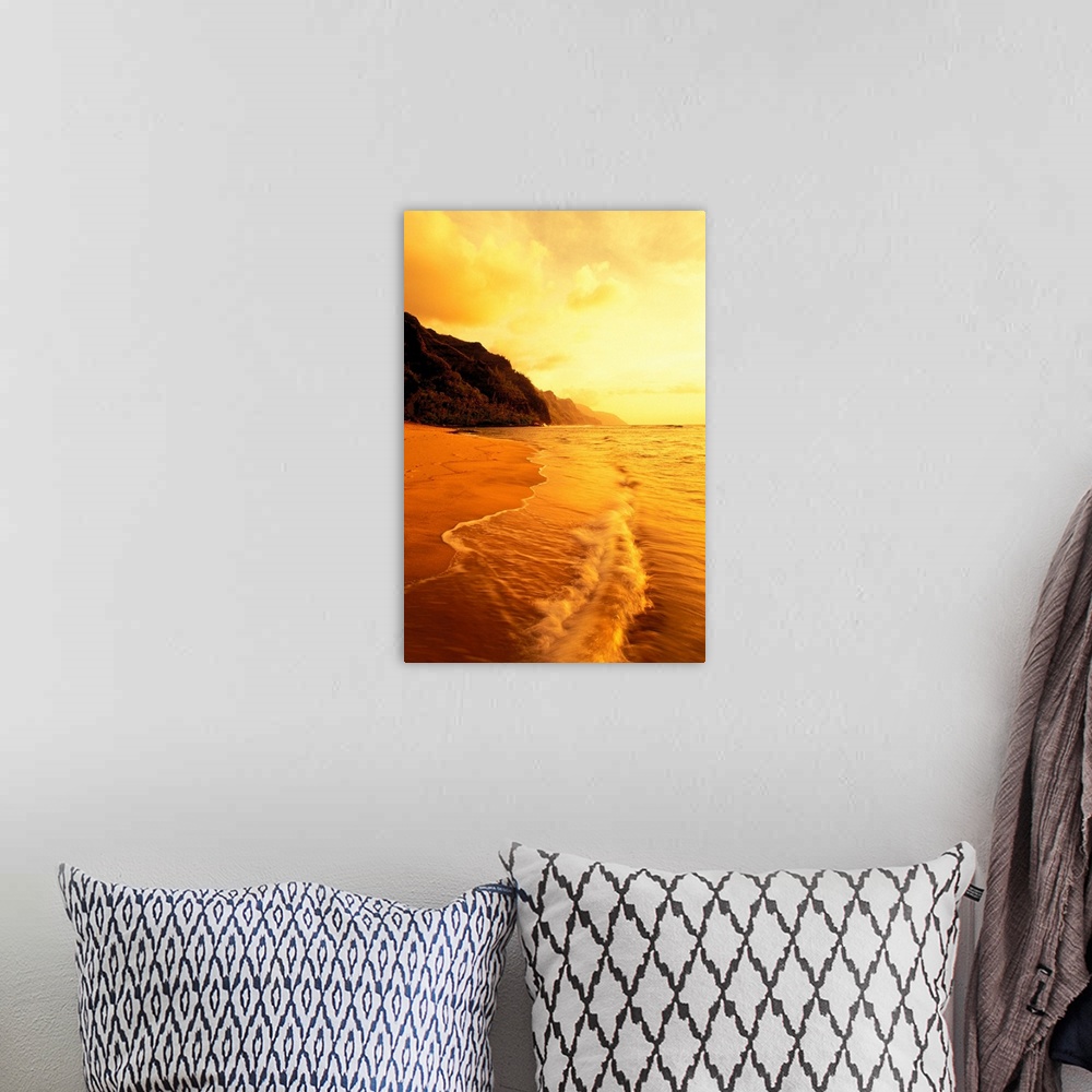 A bohemian room featuring Hawaii, Kauai, Na Pali Coast, Beach At Sunset, With Foamy Surf And Cliff In Background