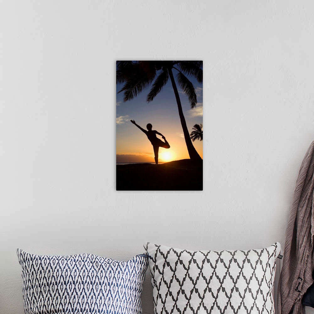 A bohemian room featuring Hawaii, Maui, Olowalu, Woman Doing Yoga At Sunset Under Palm Trees