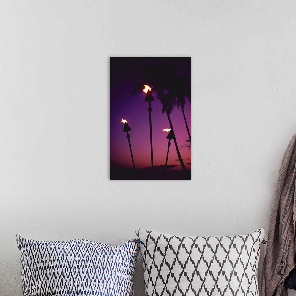 A bohemian room featuring Hawaii, Tiki Torches Lit At Twilight, Purple Skies, Palm Trees