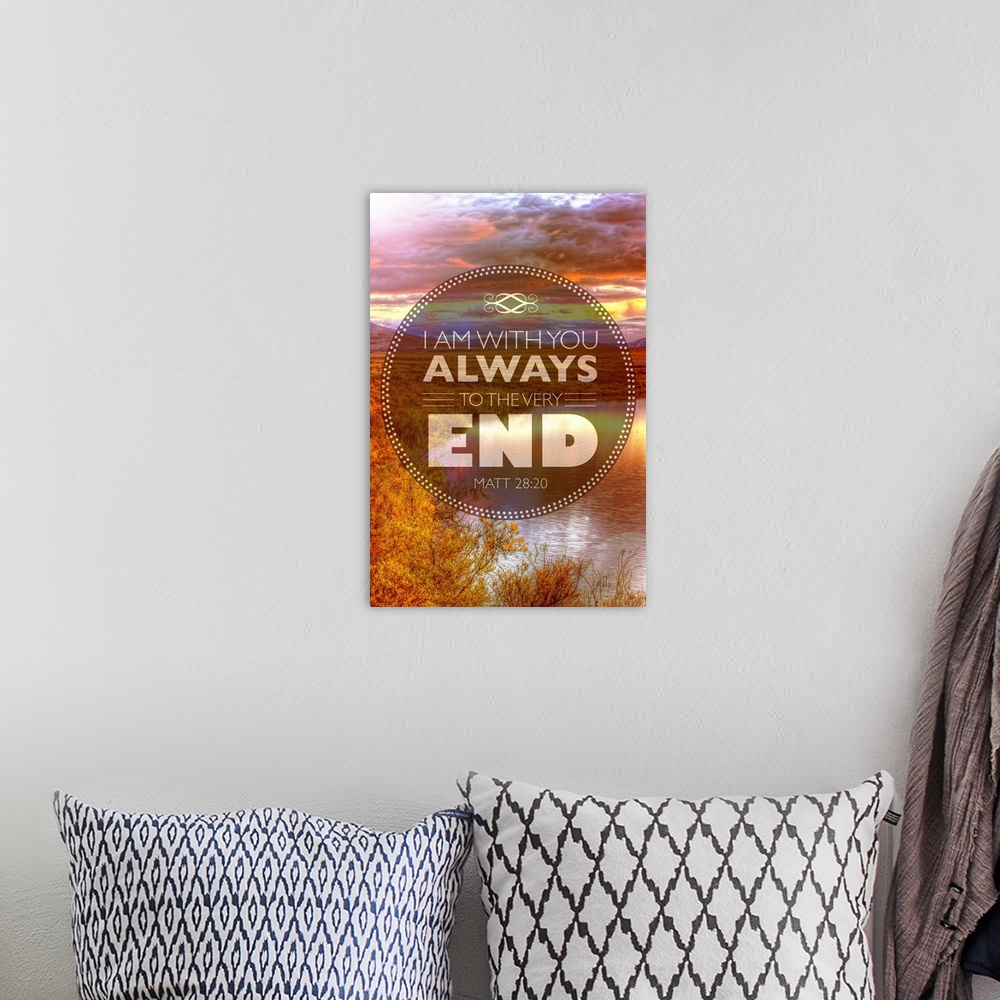 A bohemian room featuring Image Of A Colourful Sunset In A Cloudy Sky Reflected In A Tranquil Pond With A Scripture From Ma...