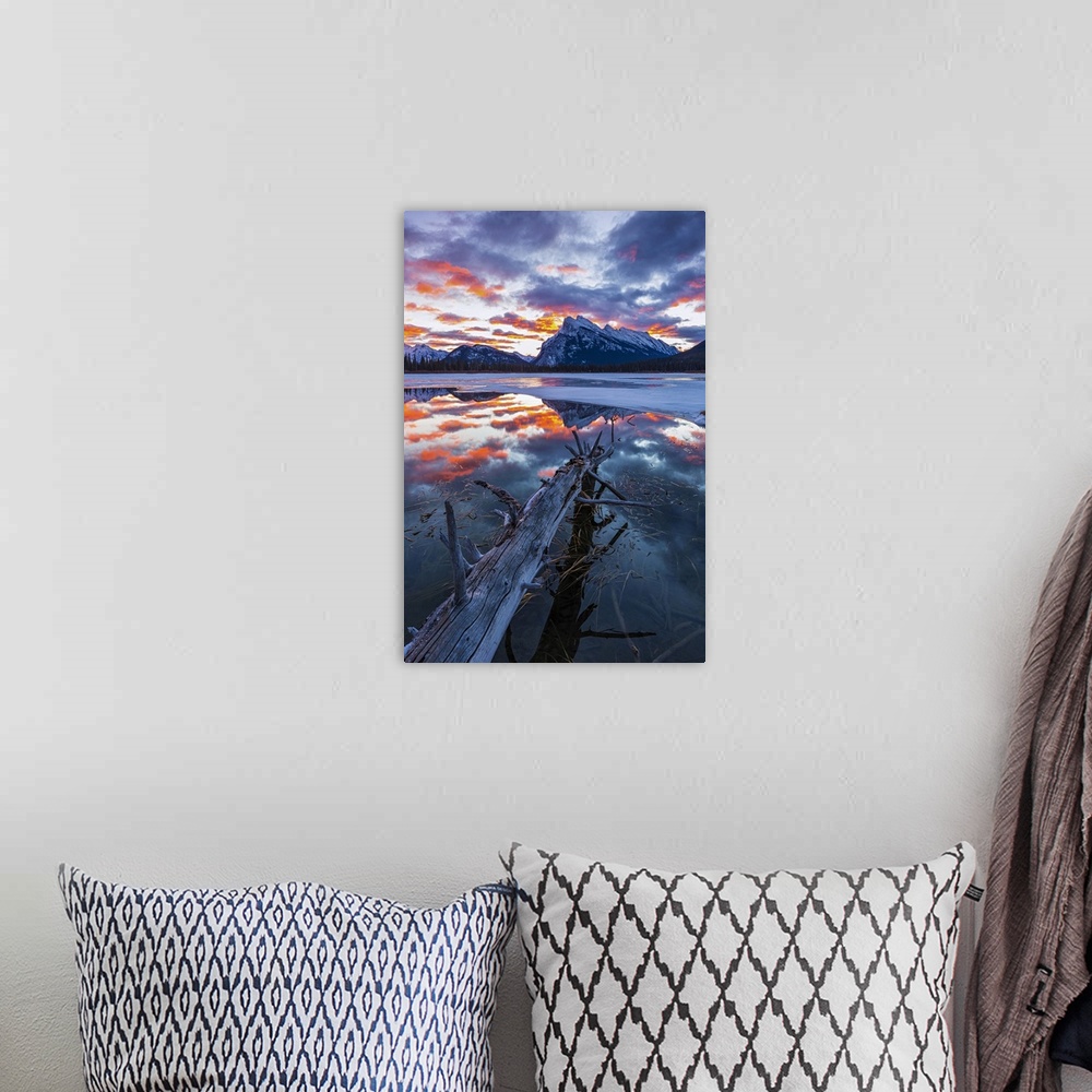 A bohemian room featuring Stunning sunrise at Vermillion Lakes backed by Mt. Rundle.