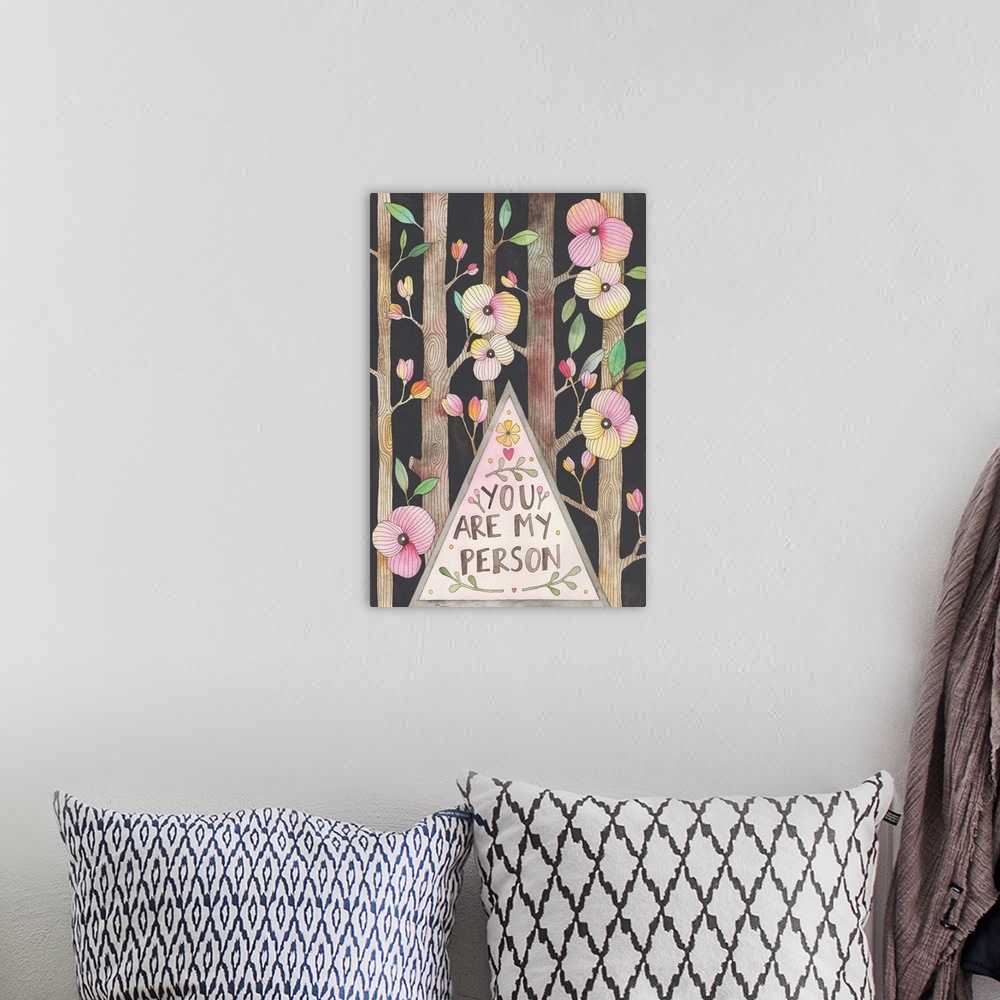 A bohemian room featuring Contemporary painting of four branches full of flowers surrounding a triangle with text.