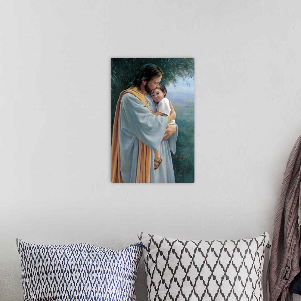 A bohemian room featuring Painting of Jesus holding a small child in his arms.