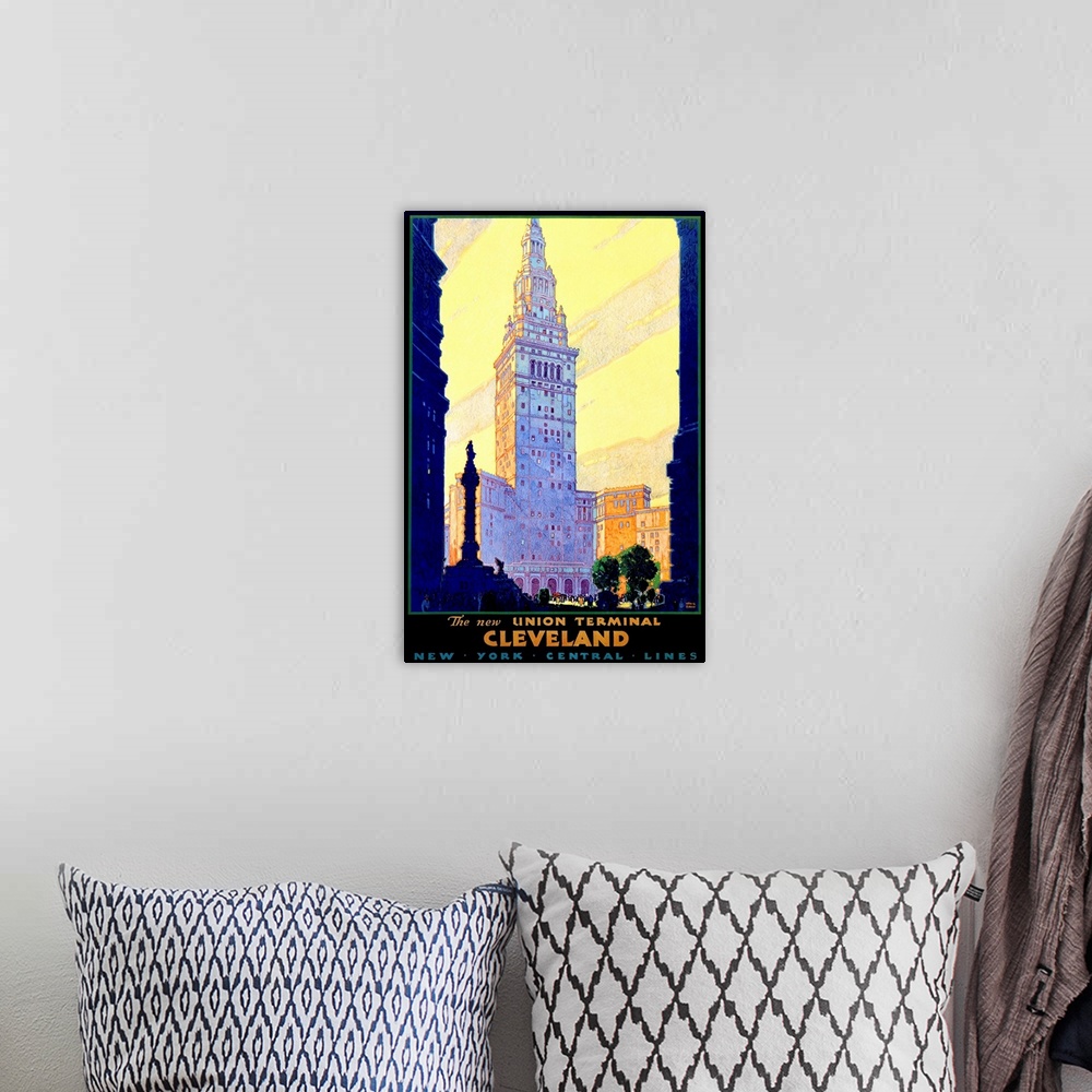 A bohemian room featuring Cleveland Union Train Terminal Vintage Advertising Poster