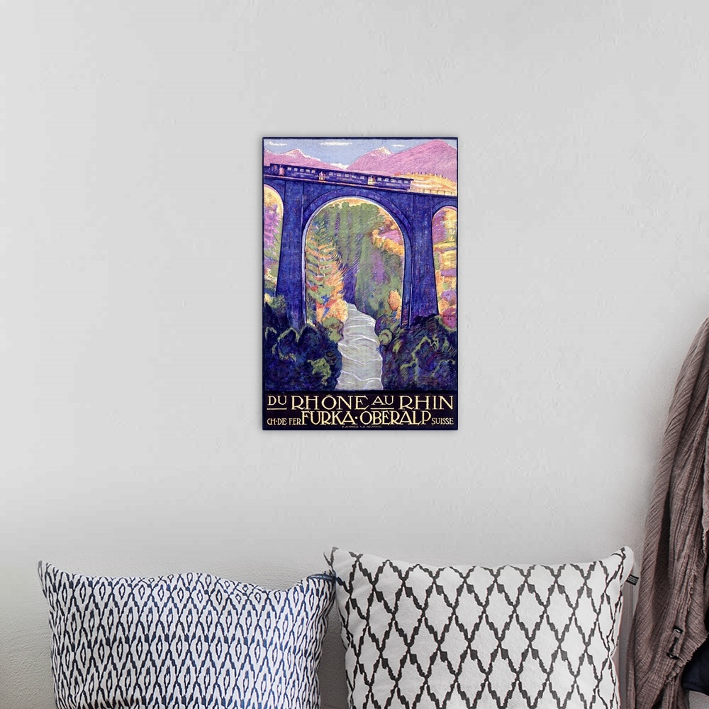 A bohemian room featuring Antiqued poster of a train riding across a tall bridge over a river with colored trees and mounta...
