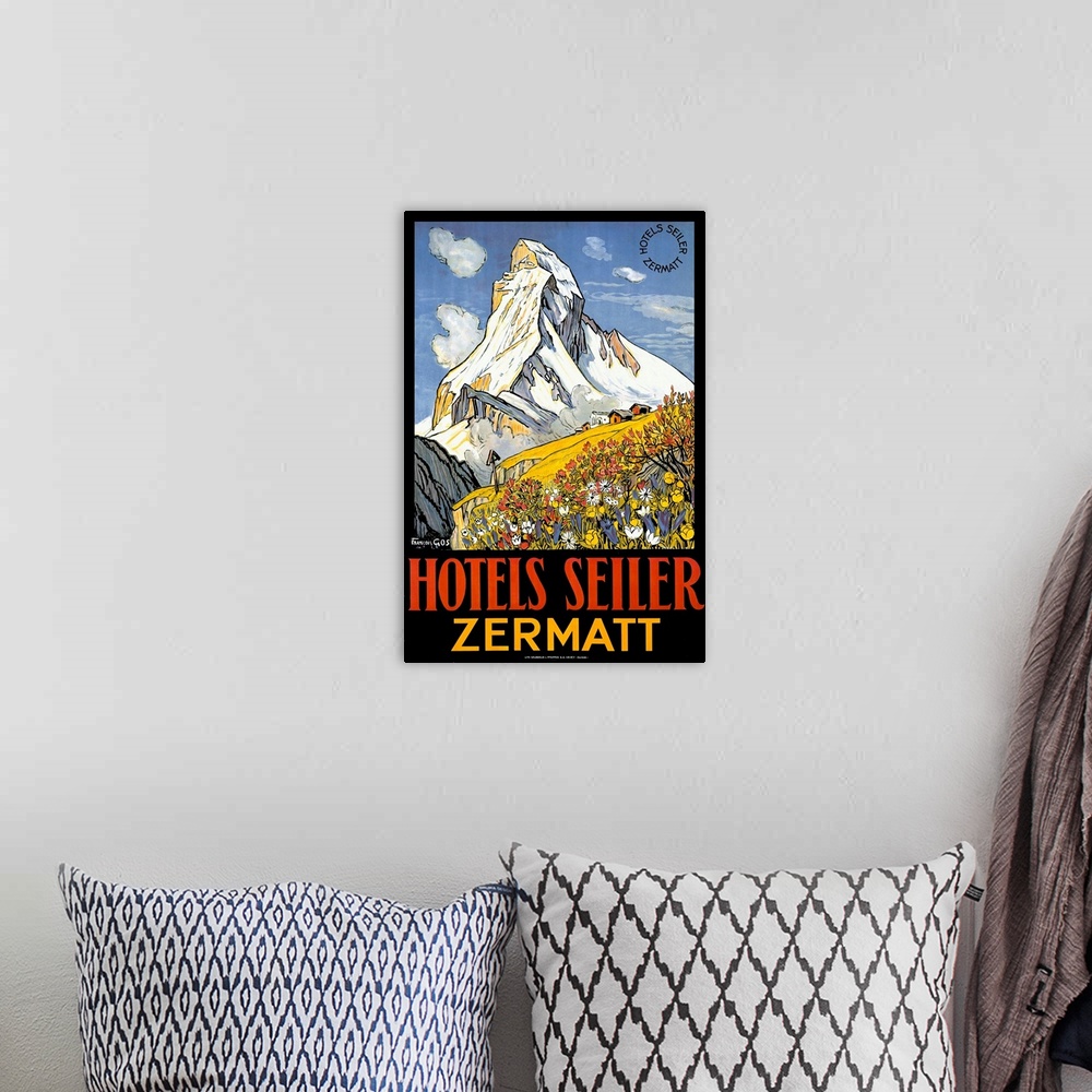 A bohemian room featuring Matterhorn, Hotel Seiler, Vintage Poster, by Gachons