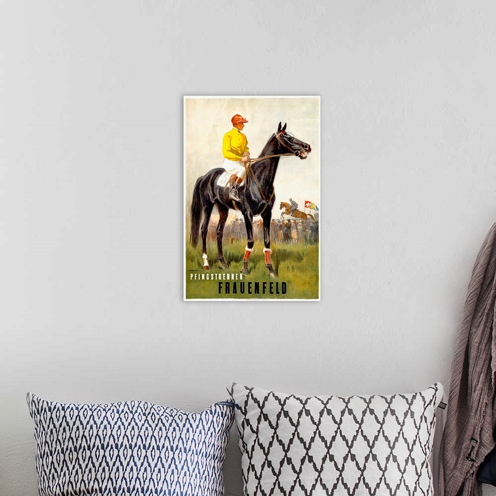 A bohemian room featuring Vintage poster of a jockey sitting on its horse while another jockey is competing with his horse ...