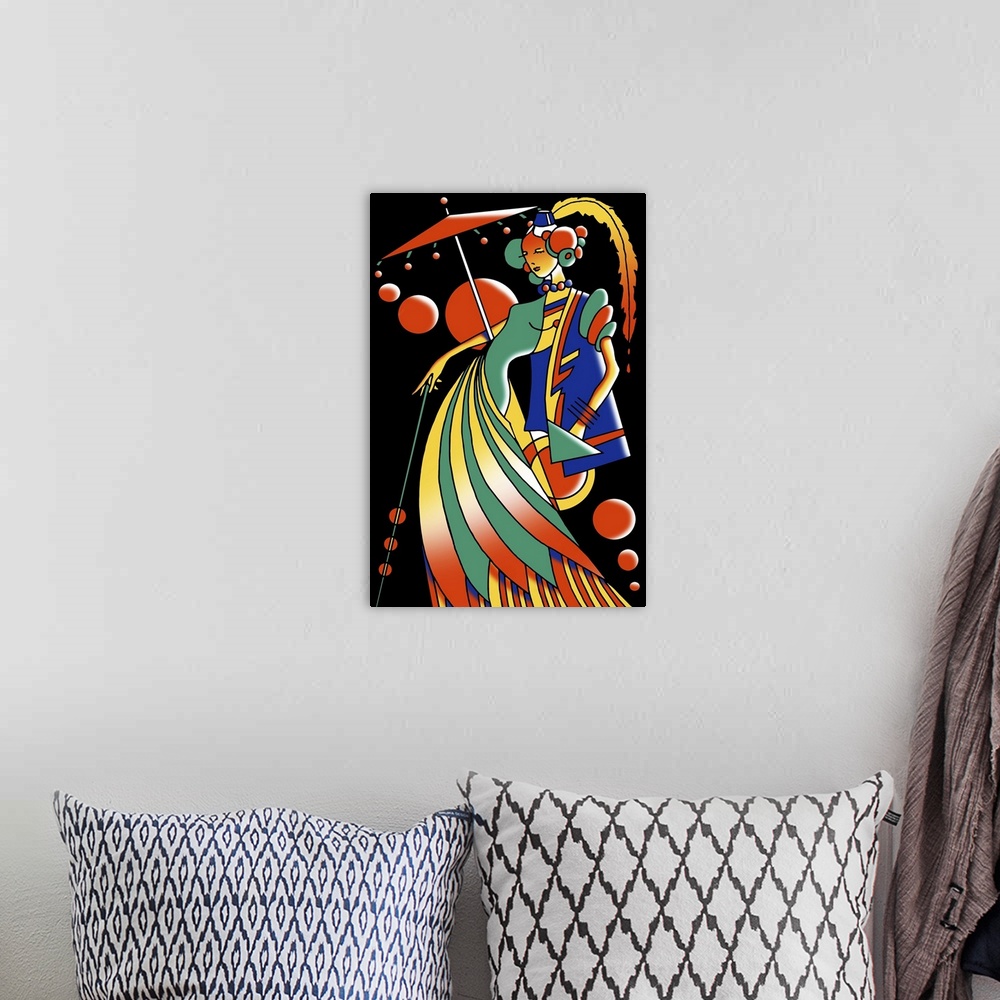 A bohemian room featuring Digital artwork of a woman in fancy dress, in Art Deco style.