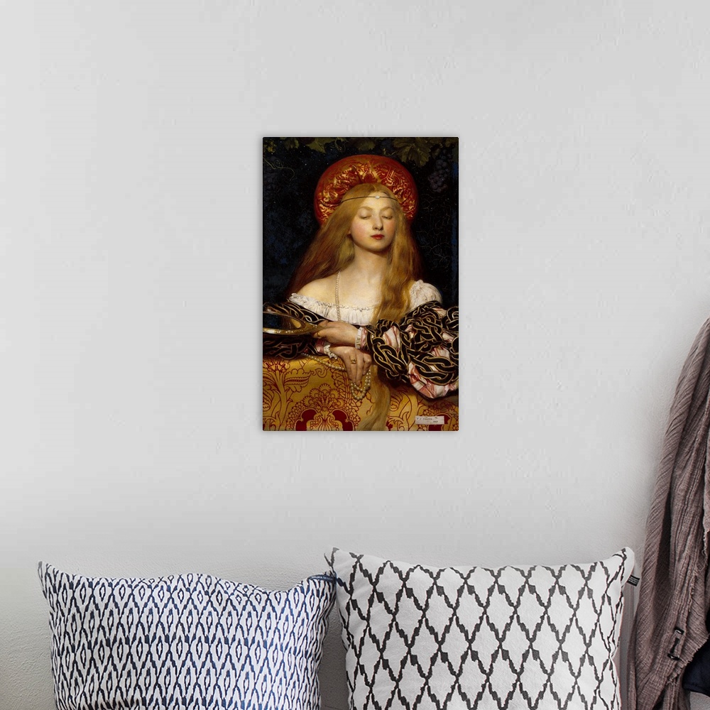 A bohemian room featuring Vintage artwork of a woman in elegant and classic attire.