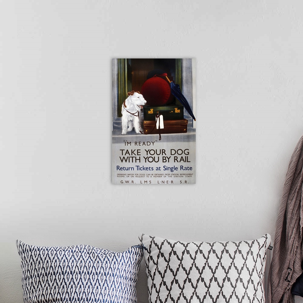 A bohemian room featuring Vintage poster advertisement for Dog Rail.