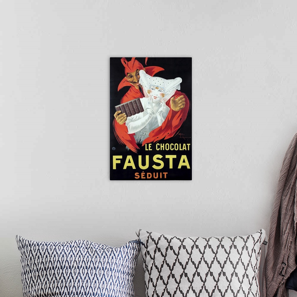 A bohemian room featuring Vintage poster advertisement for Le Chocolat Fausta.