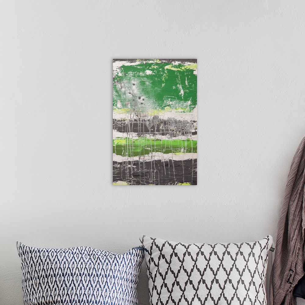 A bohemian room featuring Contemporary abstract painting in green, white, and grey.