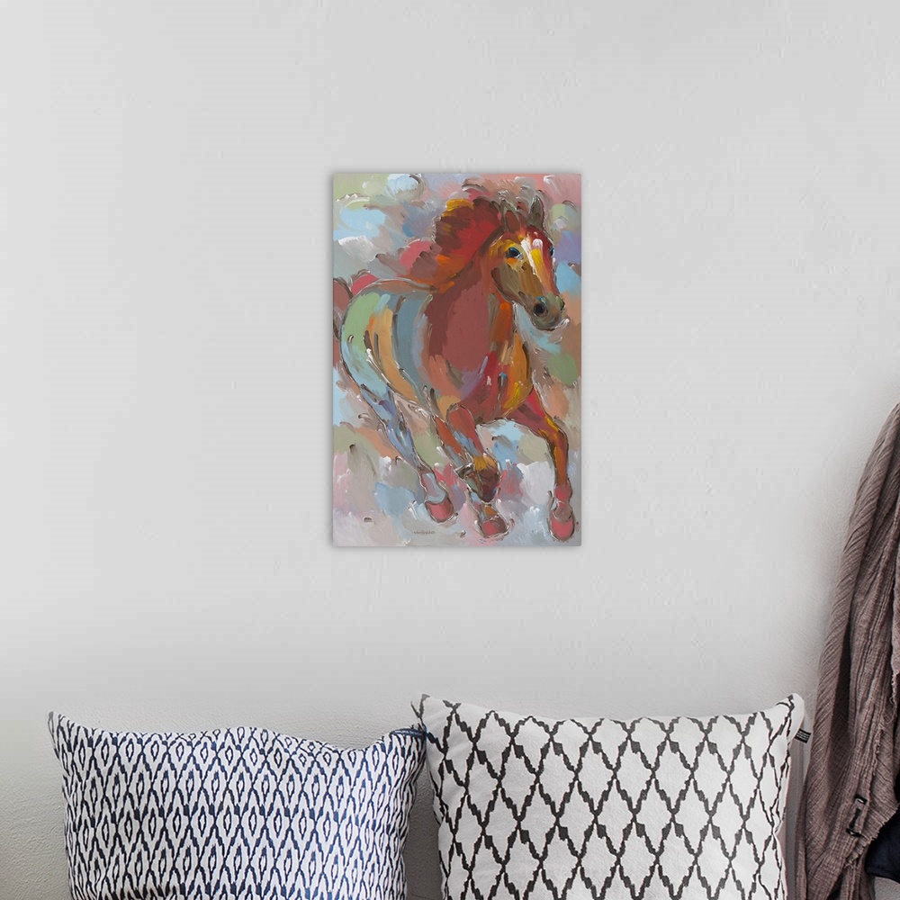 A bohemian room featuring Colorful contemporary painting of a galloping horse.