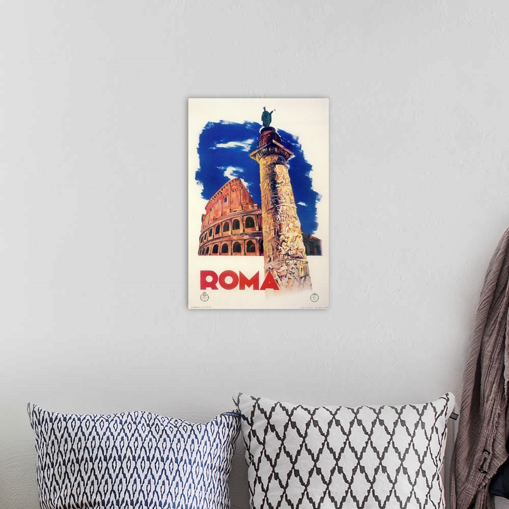 A bohemian room featuring Vintage poster advertisement for Roma.