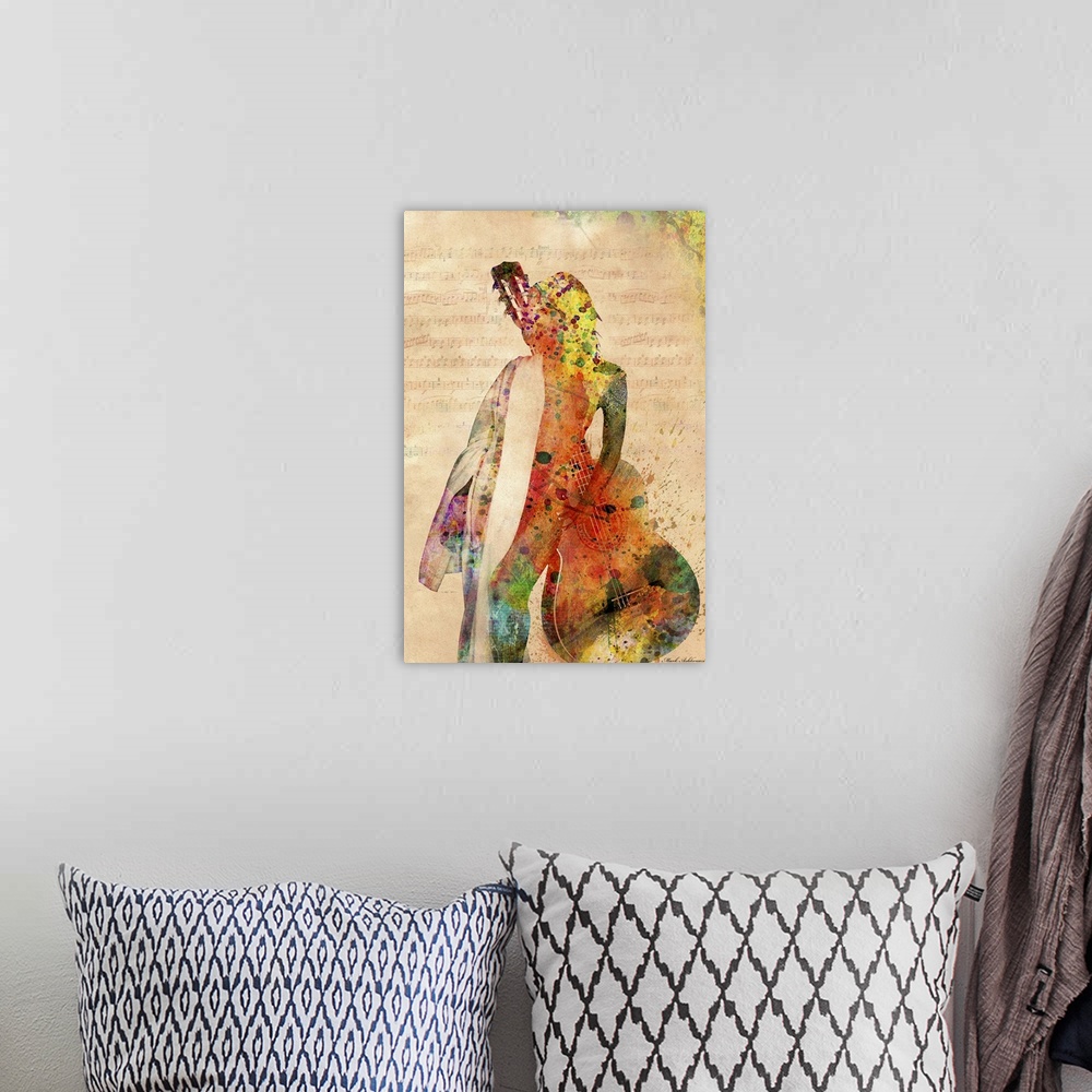A bohemian room featuring Woman with Guitar - watercolor