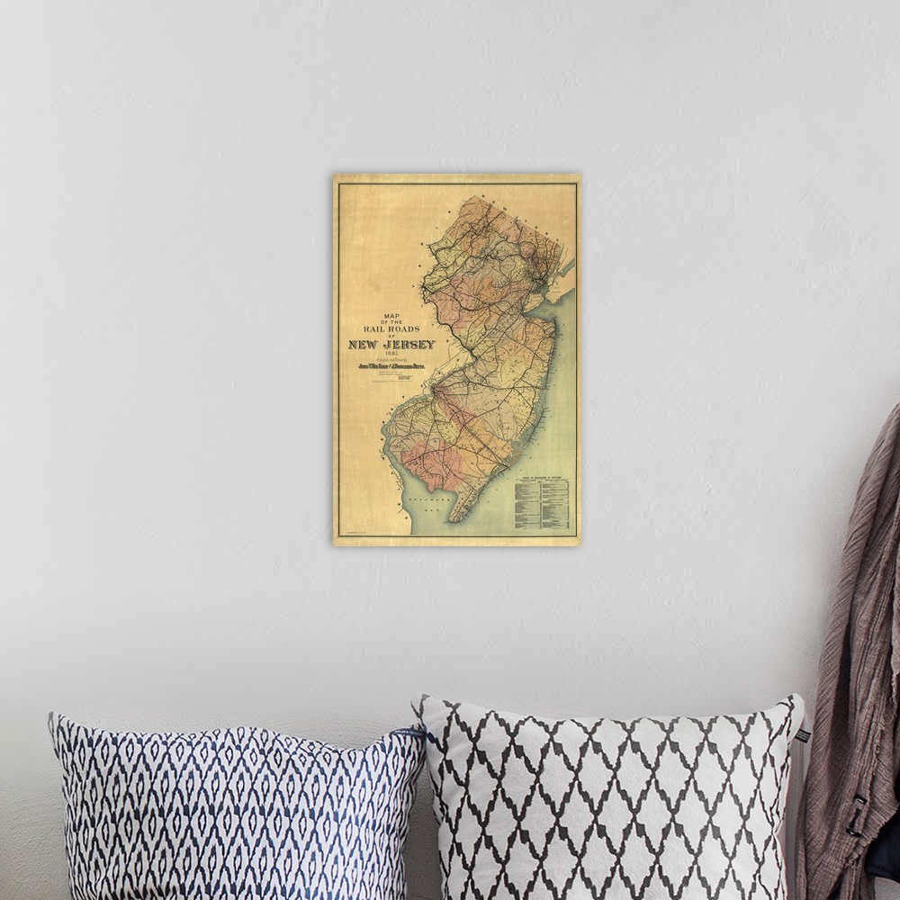 A bohemian room featuring Large vertical vintage map of the New Jersey Rail Roads in 1887.  The background has a rough, par...