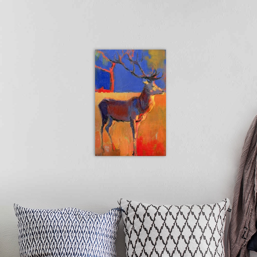 A bohemian room featuring A painting created by a contemporary artist of a deer with enormous antlers standing in an abstra...