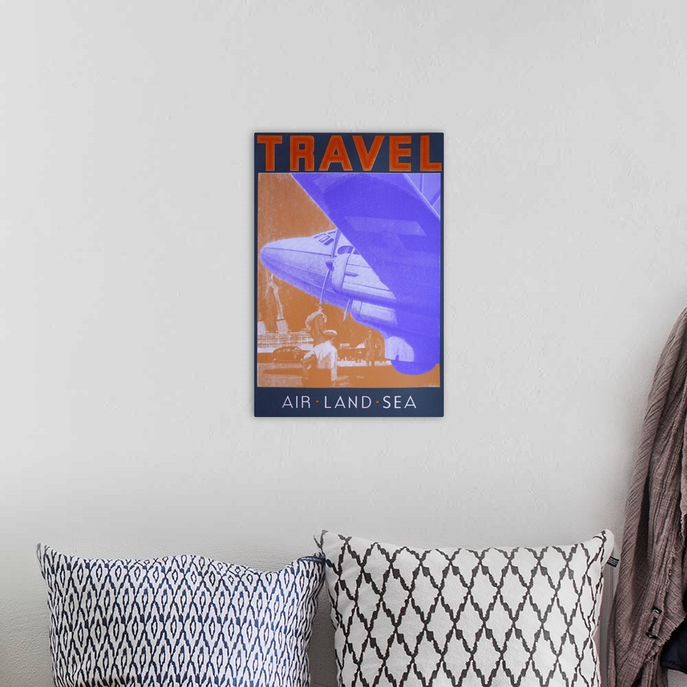 A bohemian room featuring Contemporary artwork of an air travel poster.