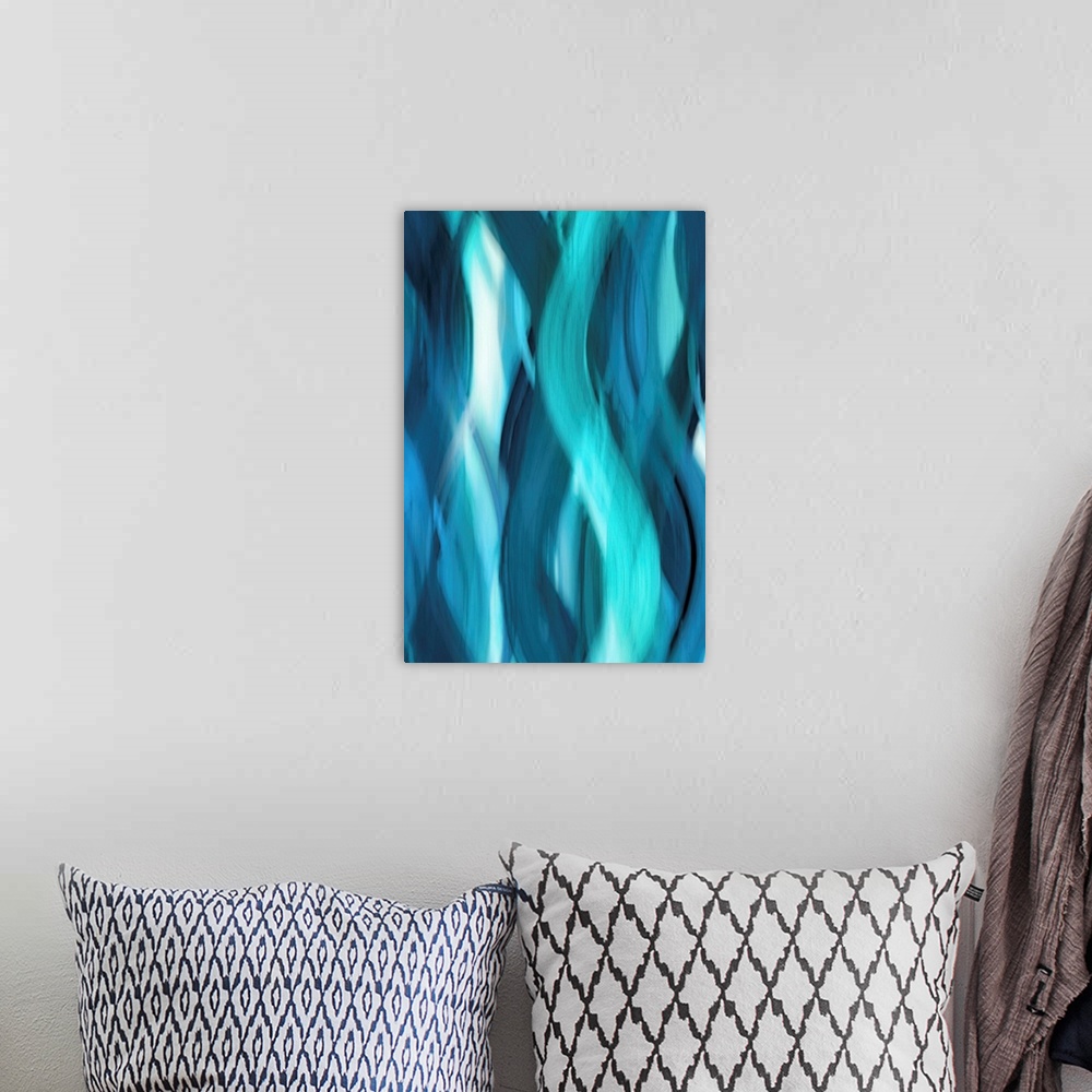 A bohemian room featuring Abstract art with blurred, wavy ribbons running vertically along the canvas from top to bottom in...