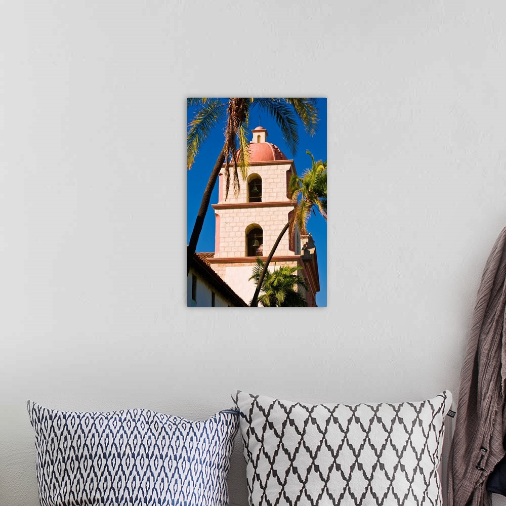 A bohemian room featuring Bell tower and palms at the Santa Barbara Mission (Queen of the missions), Santa Barbara, Califor...