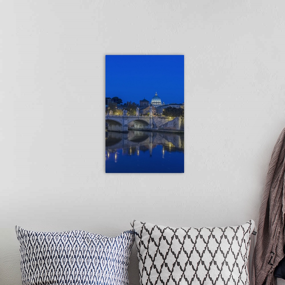 A bohemian room featuring Italy, Rome, Tiber River and Ponte Vittorio Emanuele with St. Peter's Basilica at dawn.
