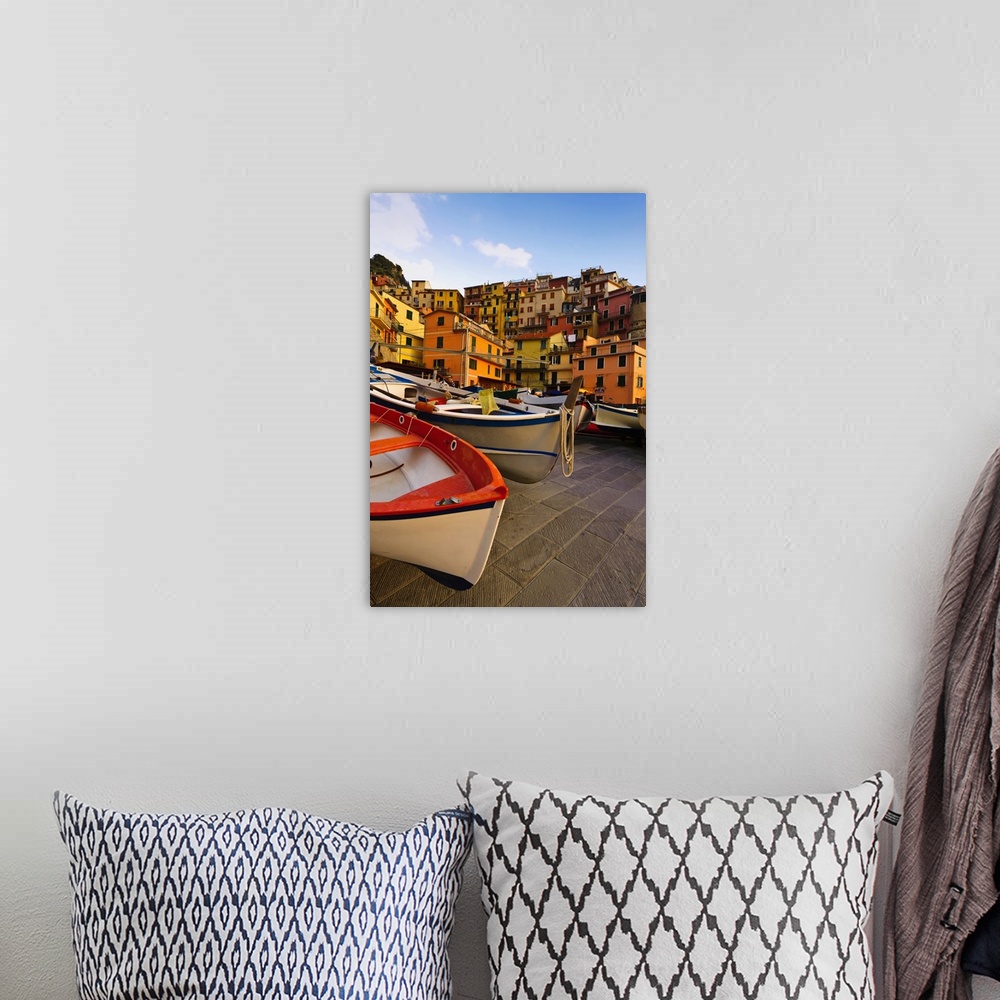 A bohemian room featuring Europe, Italy, Tuscany, Cinque Terre. Fishing boats at rest in Manarola in Cinque Terre.