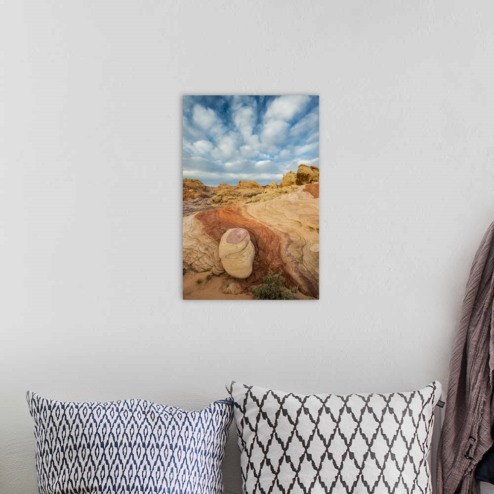 A bohemian room featuring North America, USA, Nevada, Valley of Fire State Park.  Early Morning Clouds and Colorful Rock Fo...