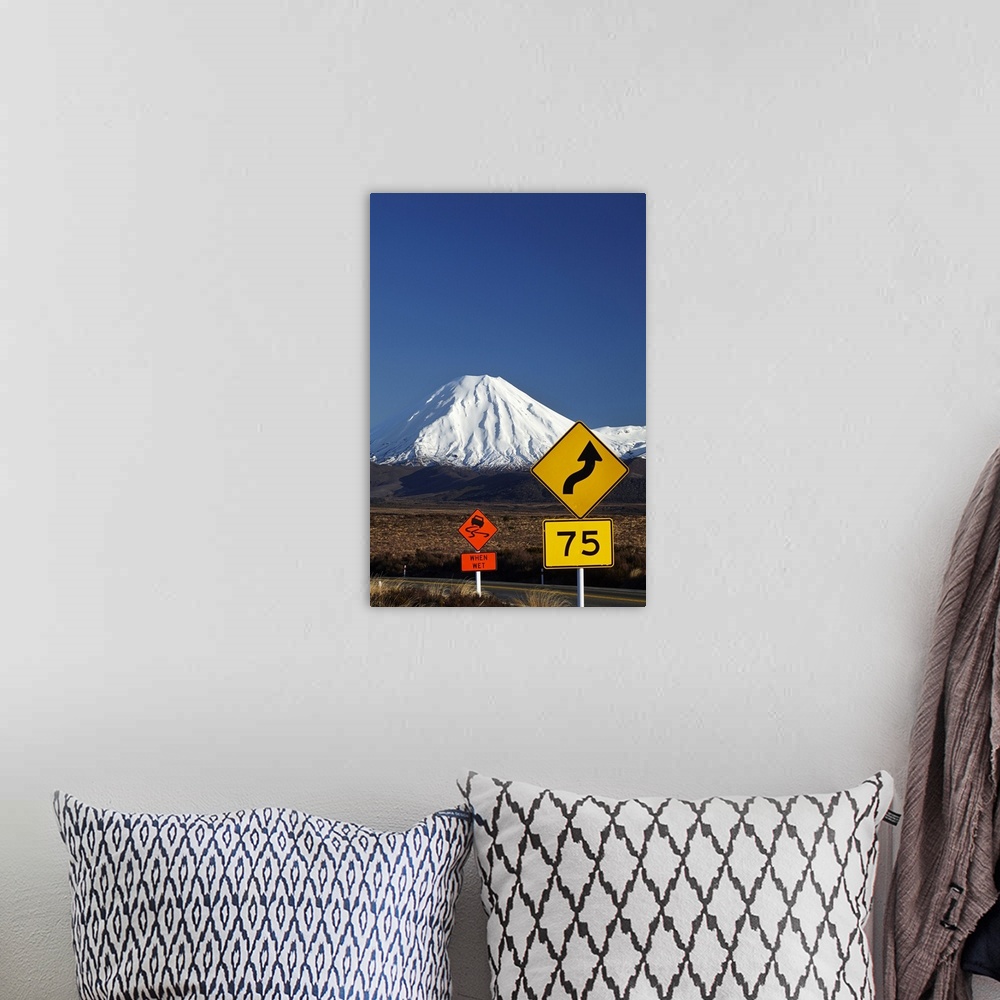 A bohemian room featuring Road signs on Desert Road and Mt. Ngauruhoe, Tongariro National Park, Central Plateau, North Isla...