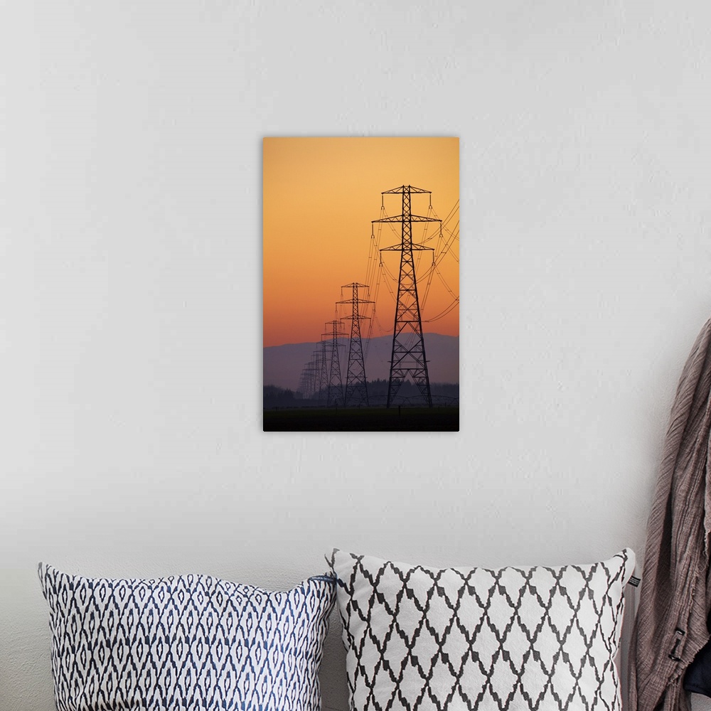 A bohemian room featuring Row of power pylons at sunset, Mid Canterbury, South Island, New Zealand.