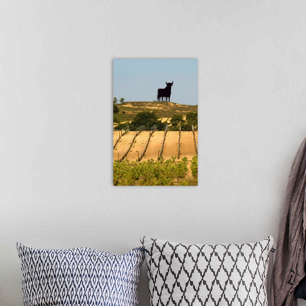 A bohemian room featuring Statue of black bull on ridge above vineyards in the Briones area in La Rioja region of northern ...