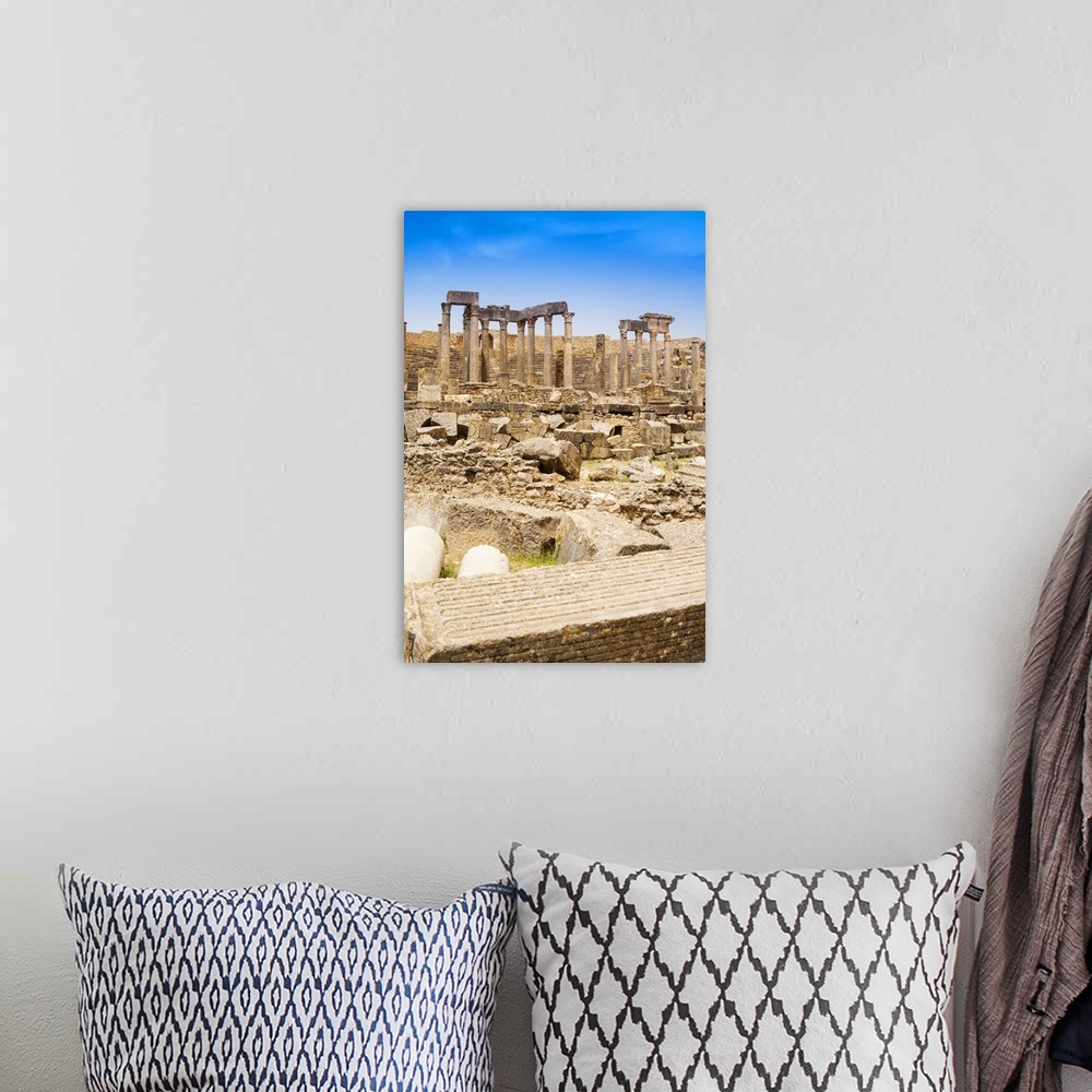 A bohemian room featuring The Theatre, Roman ruins, Dougga Archaeological Site, UNESCO World Heritage Site,  Tunisia, North...