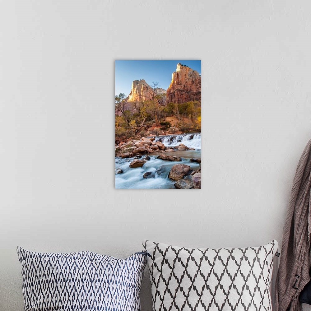A bohemian room featuring USA, Utah, Zion National Park. The Patriarchs formation and Virgin River.