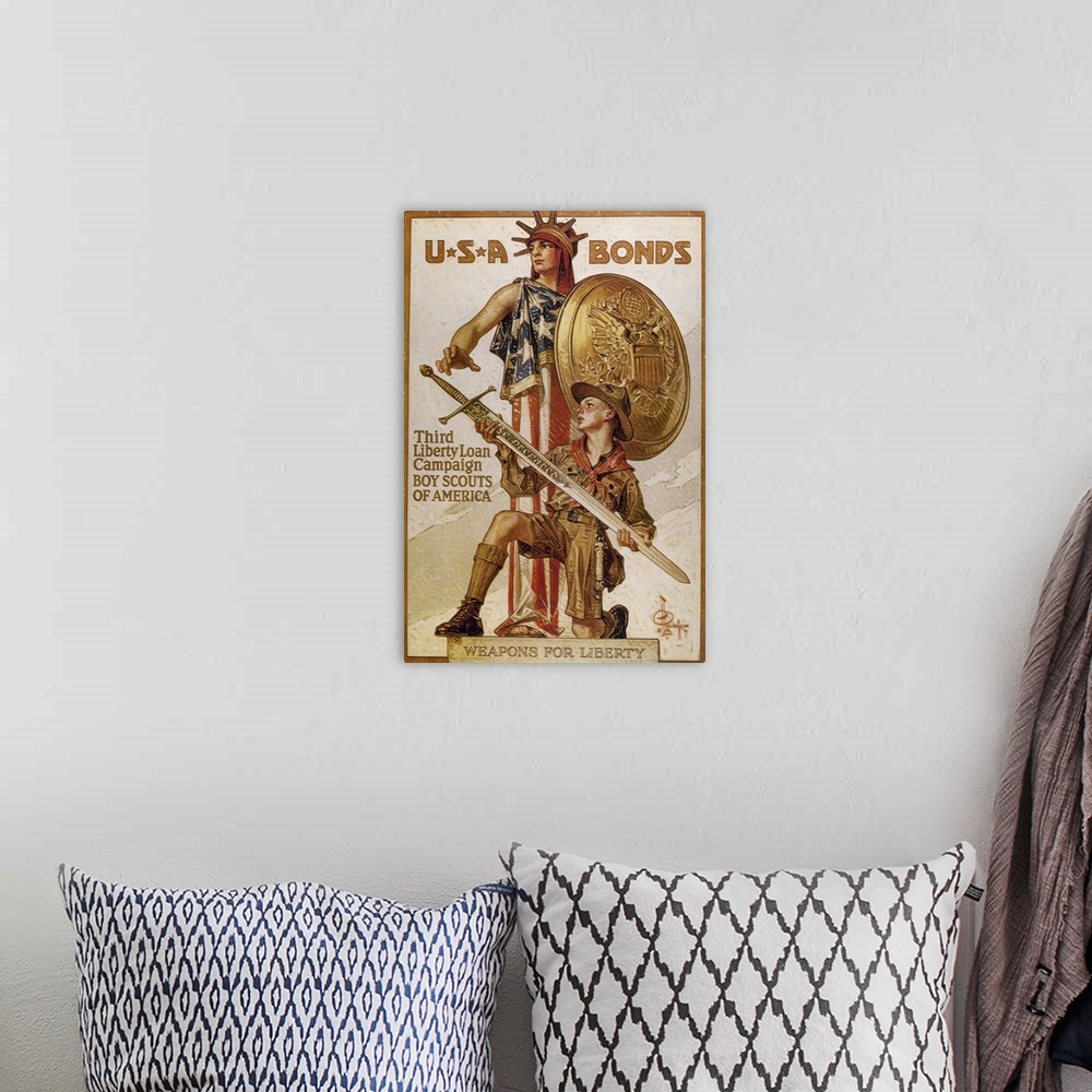A bohemian room featuring World War I (1914-1918). Poster 'USA Bonds Third Liberty Loan Campaign'. Boy Scouts of America (1...