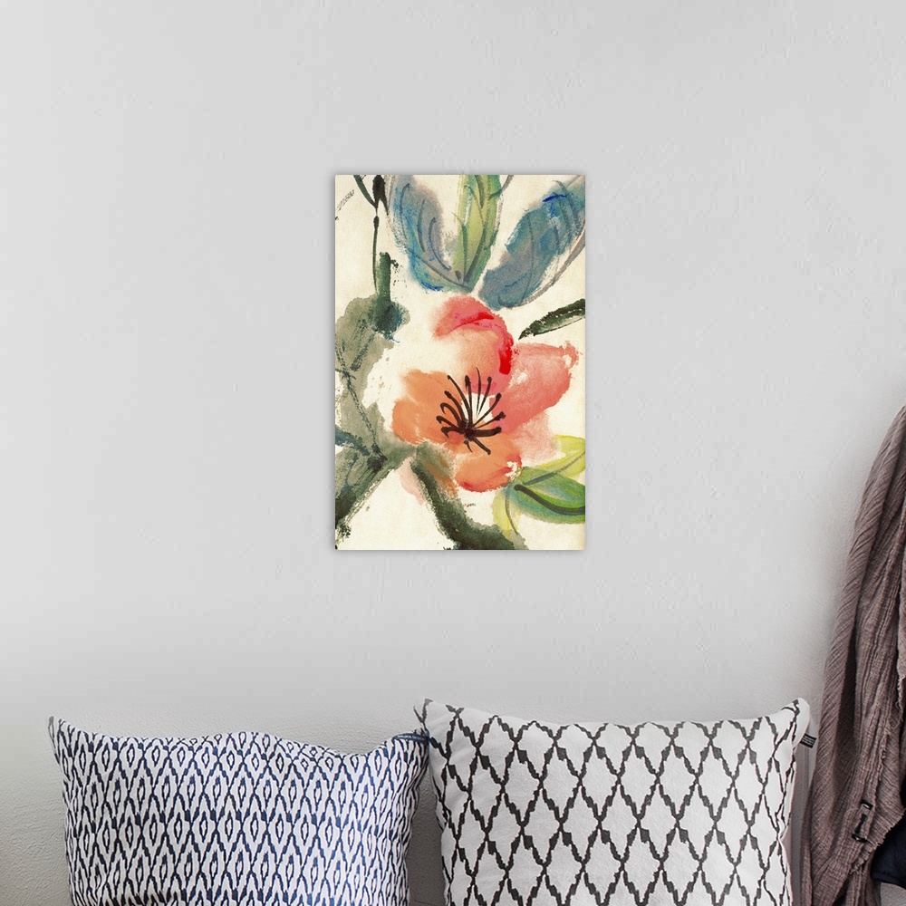 A bohemian room featuring Colorful Chinese painting of flowers and leaves.