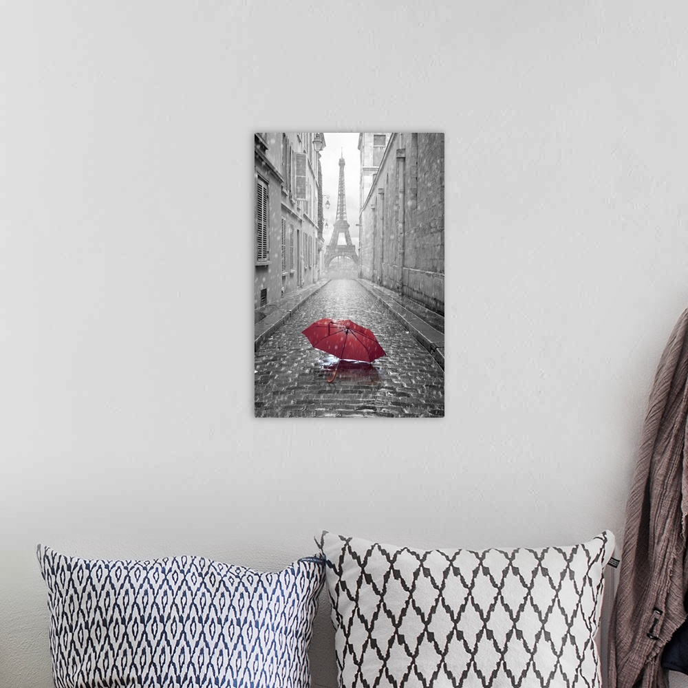A bohemian room featuring Eiffel tower view from the street of pairs. Black and white photo with red element.