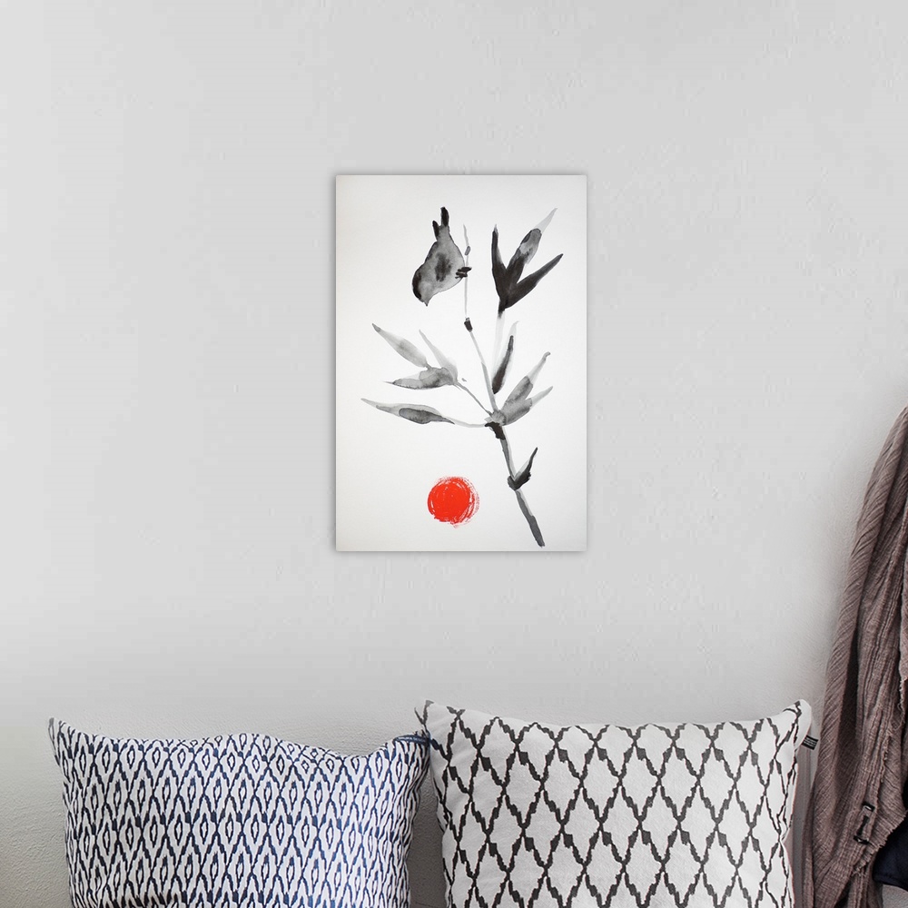 A bohemian room featuring Japanese painting with branch, birds, and sun on white background.
