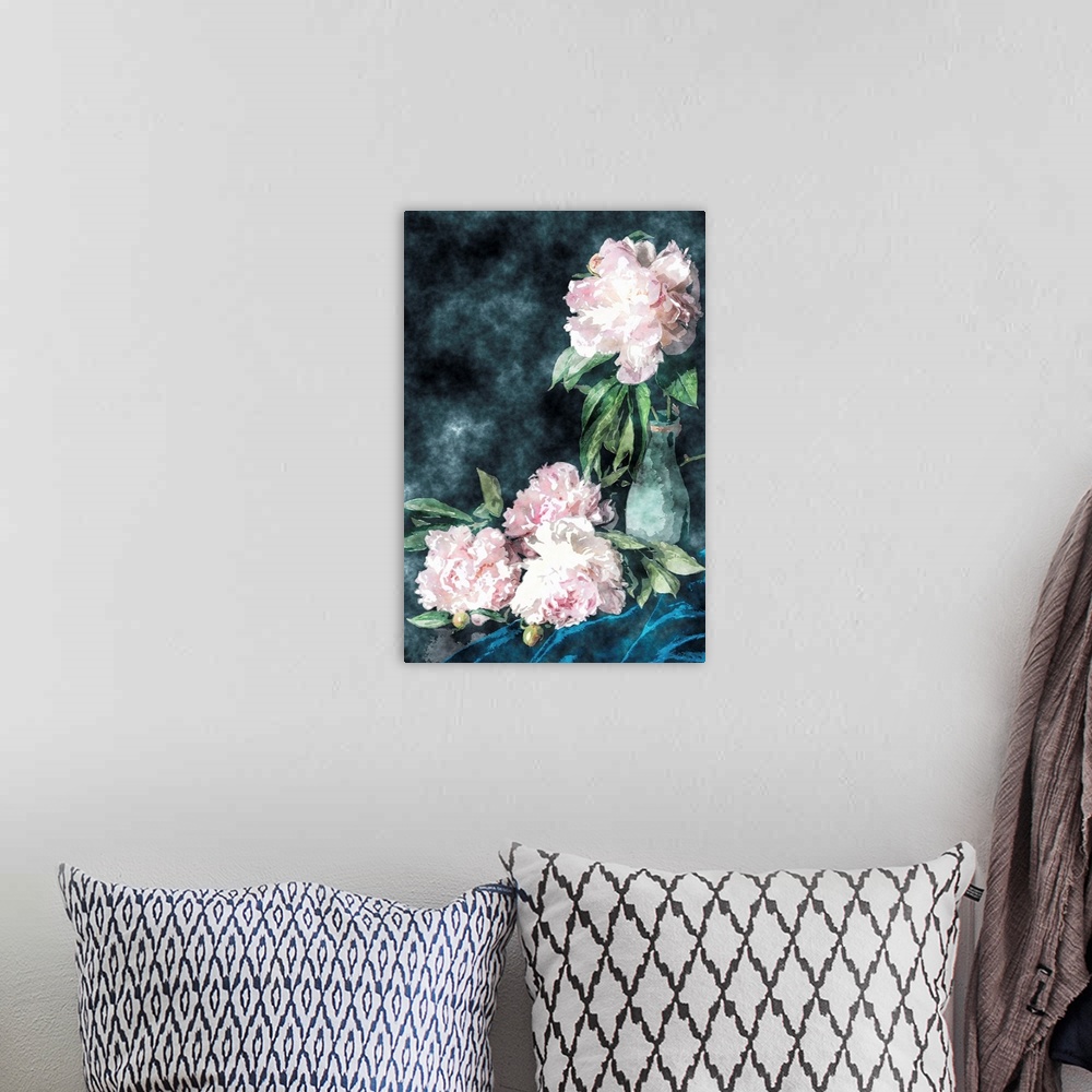 A bohemian room featuring Originally painted light pink blooming flowers near vase on black.