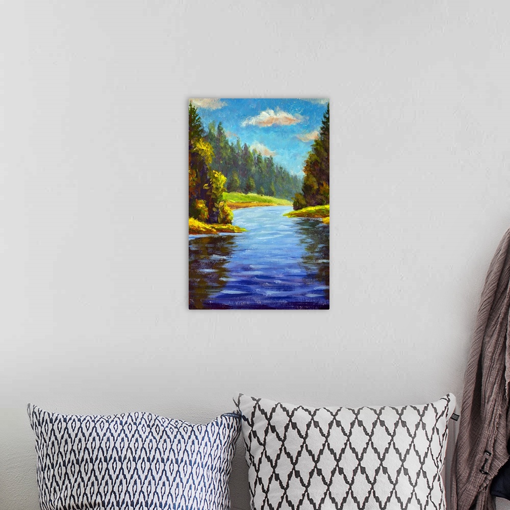 A bohemian room featuring Forest landscape with river. Originally oil on canvas.