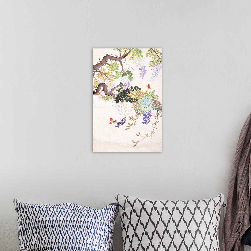 A bohemian room featuring Traditional Chinese painting of flowers and a butterfly.