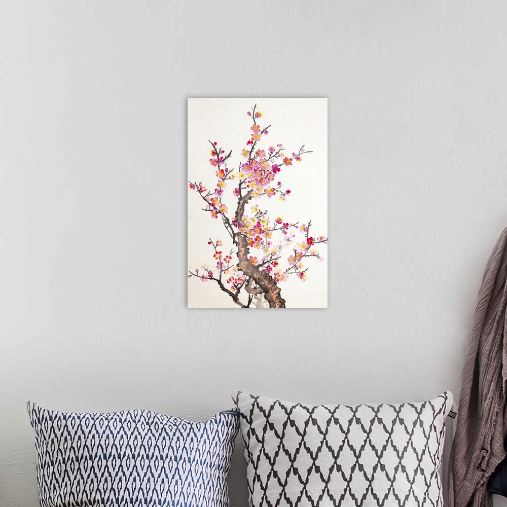 A bohemian room featuring Traditional Chinese painting of flowers, close-up of plum blossoms on a white background.