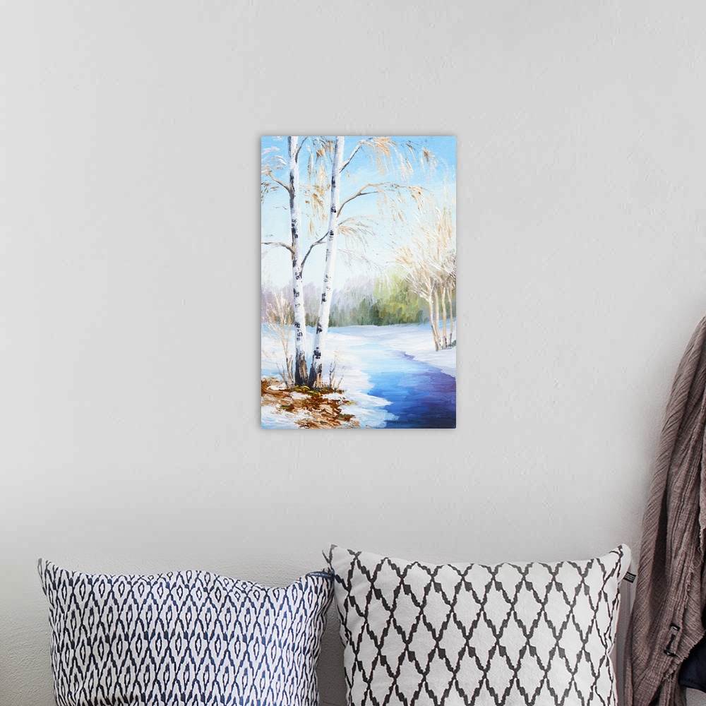 A bohemian room featuring Originally an oil painting of a winter landscape, frozen river in the forest.