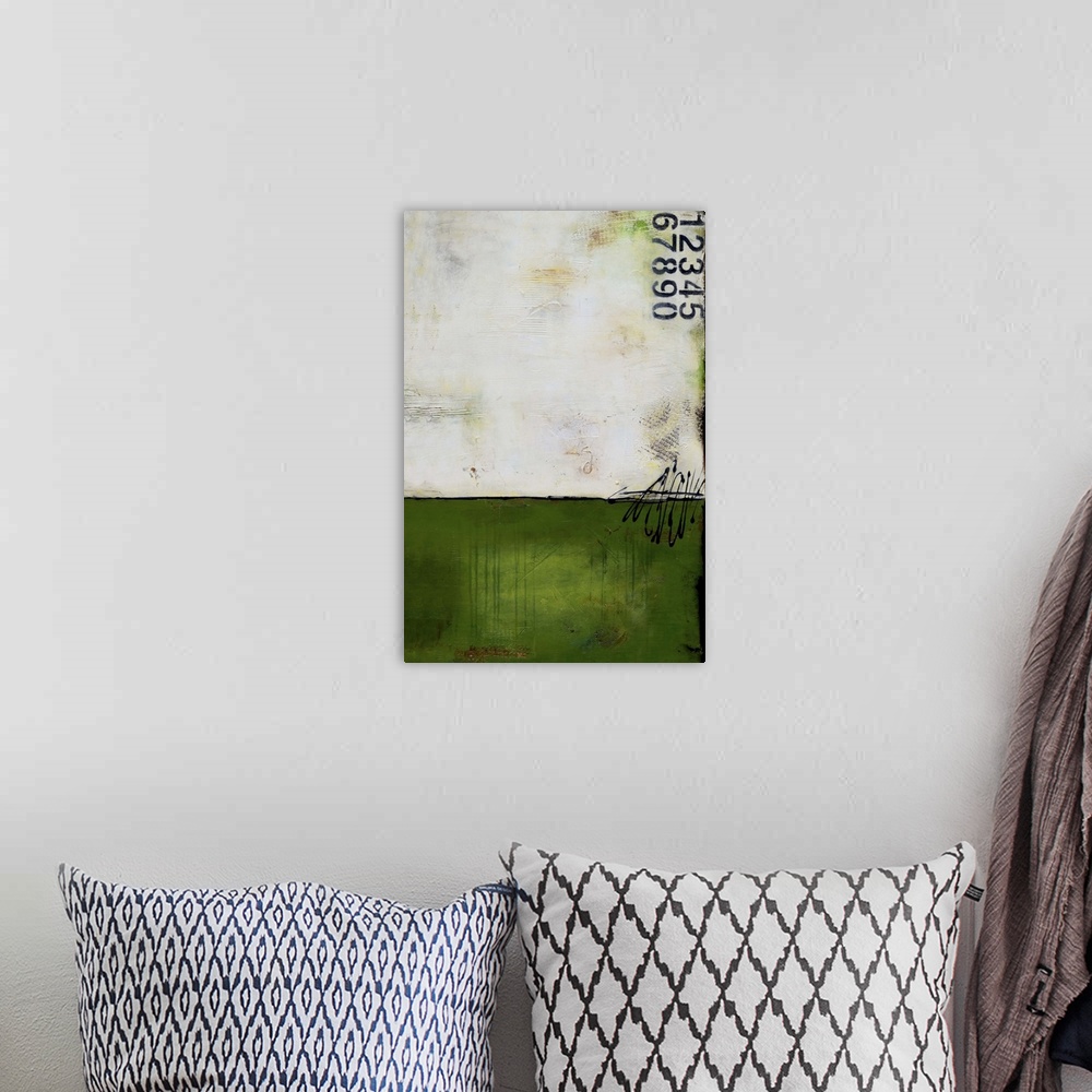 A bohemian room featuring Contemporary abstract painting using dark green and stenciled numbers.