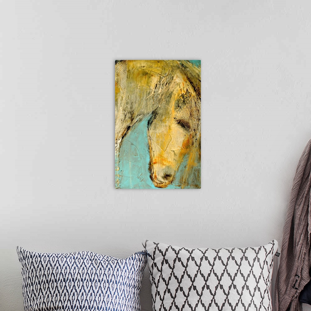 A bohemian room featuring Large contemporary art focuses on a close-up of a horse's head.  Artist uses rough strokes and te...