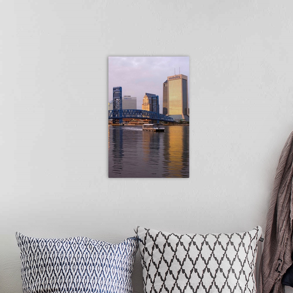 A bohemian room featuring United States, USA, Florida, Downtown reflecting on the St. Johns River and Main Street Bridge