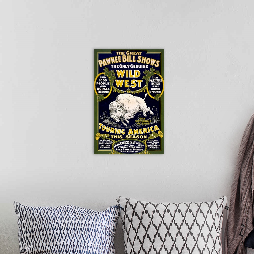 A bohemian room featuring The Great Pawnee Bill shows. The only genuine wild west. Touring America . Circus poster with whi...