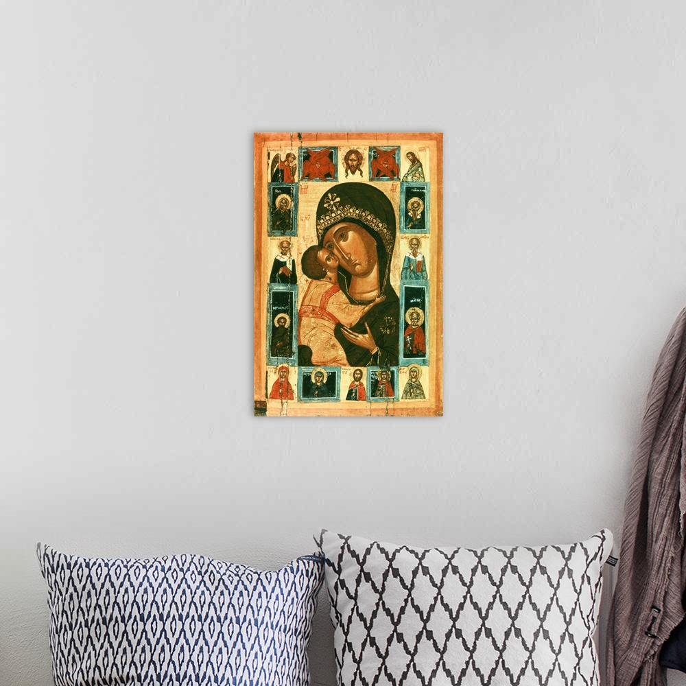 A bohemian room featuring Icon of the Virgin of the Tenderness. Russian school