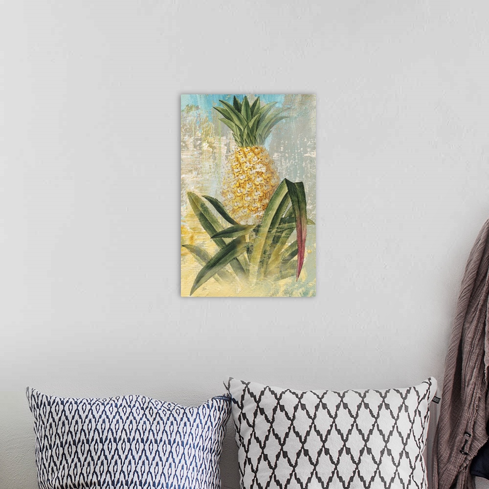 A bohemian room featuring Contemporary painting of a pineapple in its natural state, growing out of the ground, with long l...