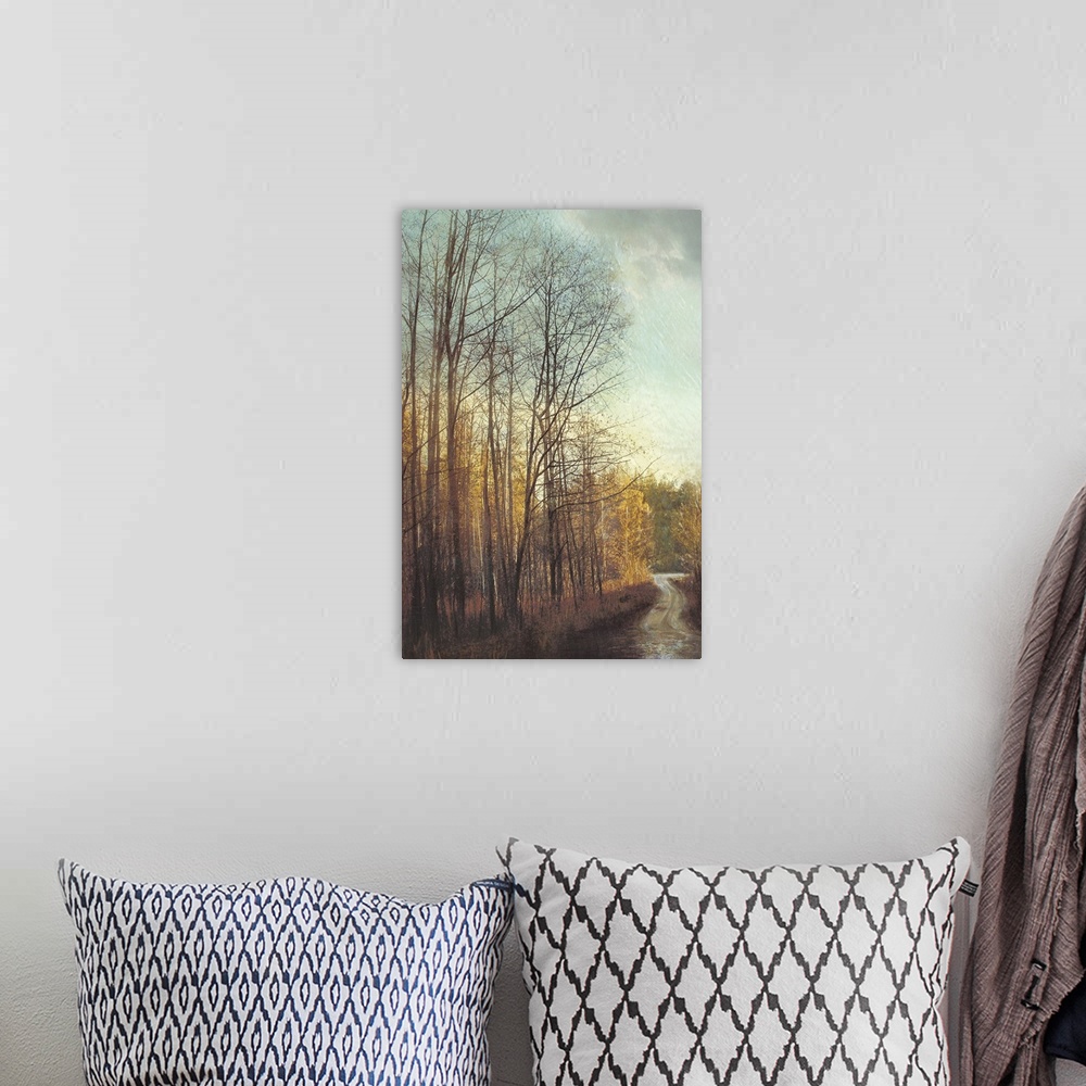 A bohemian room featuring Contemporary painting of a forest in the late fall in afternoon light, consisting of trees with b...