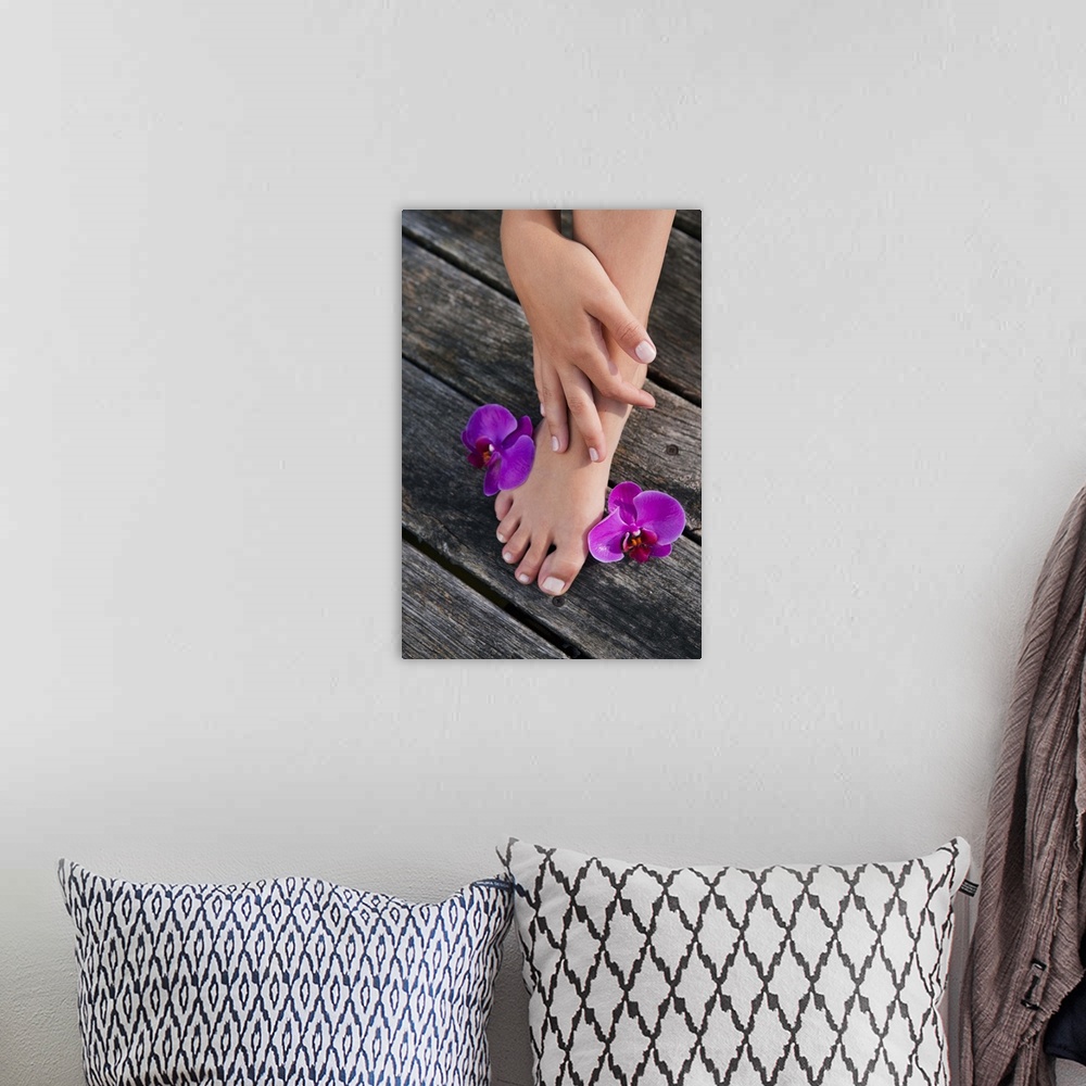 A bohemian room featuring Close up of womans foot with flowers