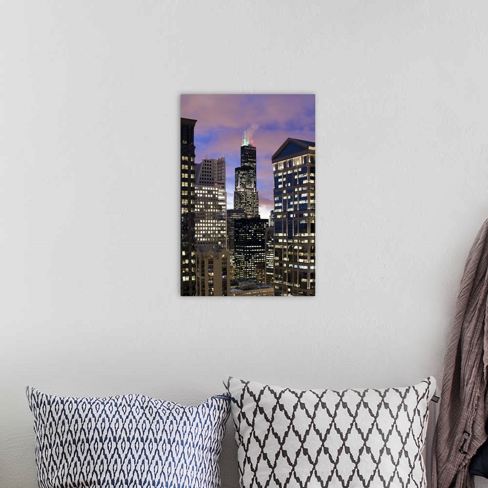 A bohemian room featuring Aerial view of buildings in the Chicago Loop, including Sears Tower and City Hall at dusk.